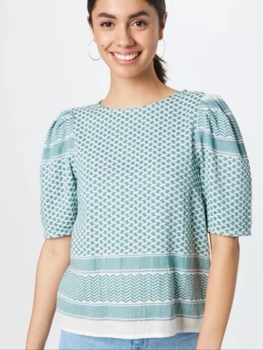 Summery, Light Blue Patterned Puff-Sleeve Women's Top